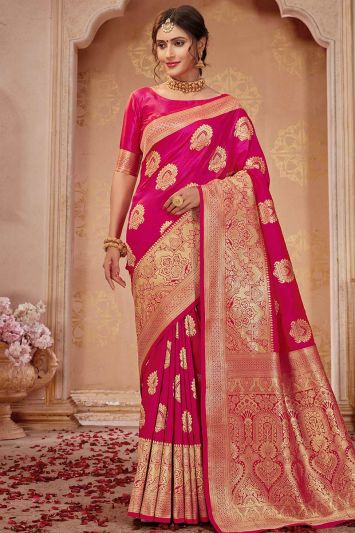 Rani Pink Color Banarasi Silk Jacquard Woven Saree