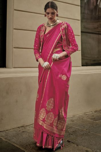 Rani Pink Satin Wedding Wear Saree