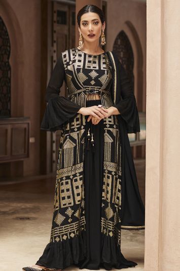 Real Georgette Fabric Designer Palazzo Suit in Black Color