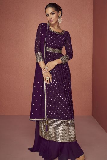 Real Georgette Fabric Eid Wear Anarkali Suit in Purple Color
