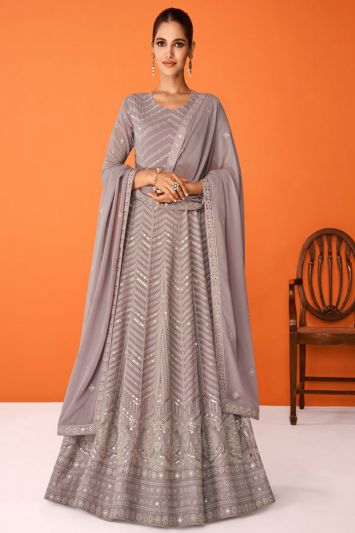 Real Georgette Fabric Embroidered Anarkali Suit in Light Lavender Color