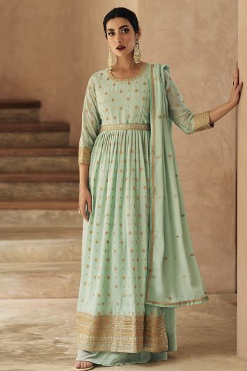 Real Georgette Fabric Festive Wear Anarkali Suit in Sky Green Color