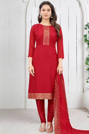 Red Color Faux Georgette Churidar Suit with Stone Work