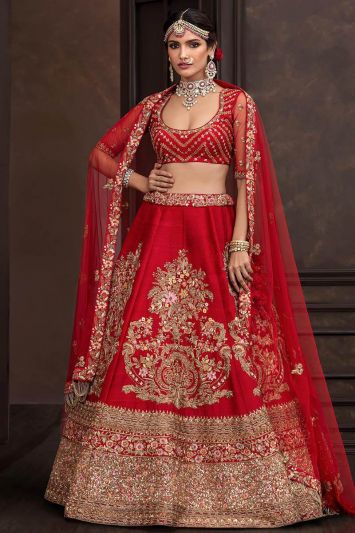 Red Color Raw Silk Fabric Bridal Lehenga Choli