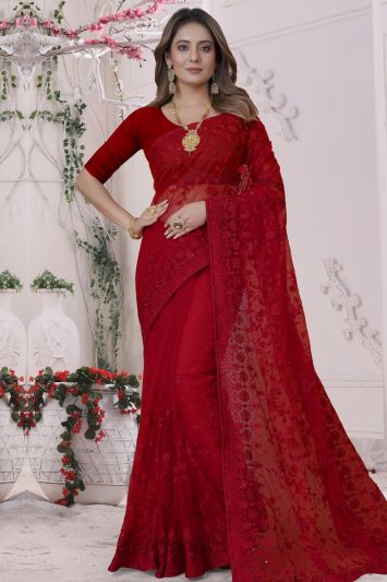 Red Net Fabric Designer Saree