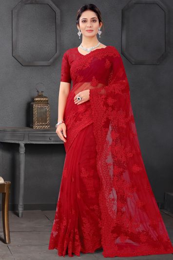 Red Net Fabric Festive Wear Saree
