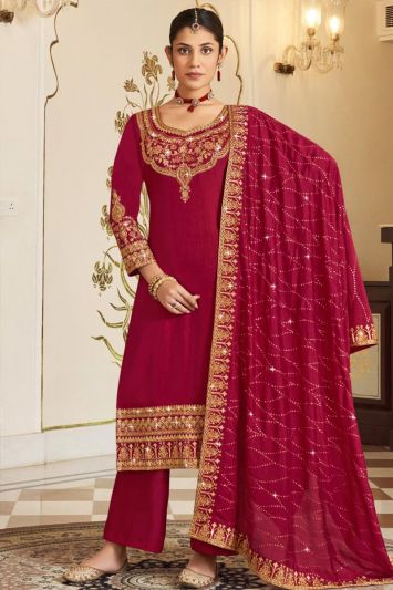 Red Vichitra Silk Embroidered Trouser Suit