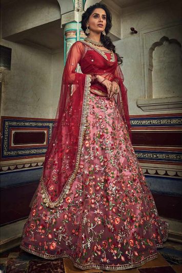 Red Zari Work Soft Net Wedding Wear Lehenga with Art Silk Blouse 