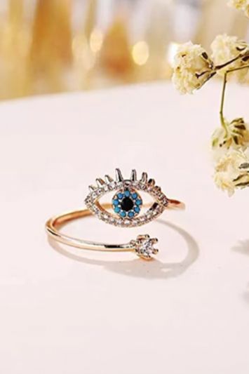 Rose Gold-Plated and CZ-Studded Evil Eye Adjustable Ring - Appelle Fashion