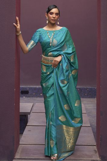 Sea Green Color Banarasi Silk Fabric Embroidered Saree