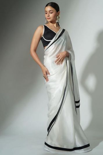 Silk Fabric Plain Saree in White Color