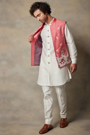 Silk Fabric Stylish Kurta Pajama with Jacket in White Color