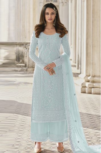 Sky Blue Color Heavy Butterfly Net Fabric Palazzo Suit