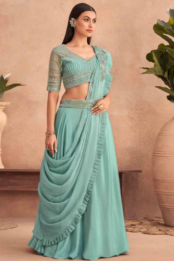 Sky Blue Fancy Silk Stylish Lehenga Saree