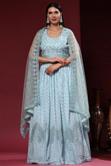 Sky Blue Pure Viscose Hand Work Lehenga Choli