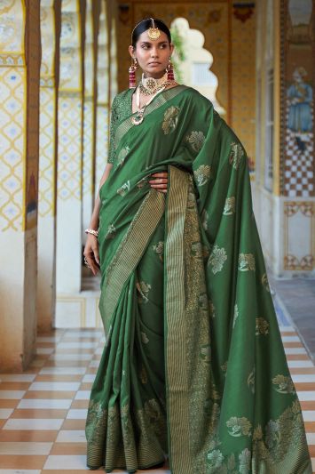 Smooth Silk Fabric Party Wear Saree in Green Color