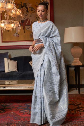 Steel Blue Color Woven Kashmiri Silk Saree