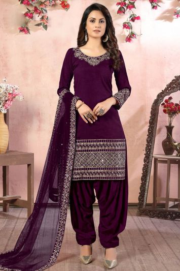 Stylish Purple Color Art Silk Fabric Patiala Suit