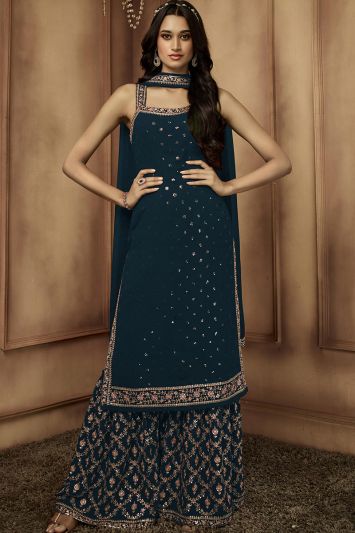 Teal Blue Color Georgette Fabric Sharara Suit with Lace Work