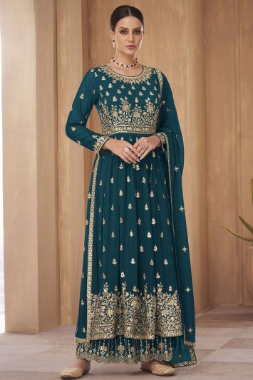 Teal Blue Georgette Fancy Palazzo Suit