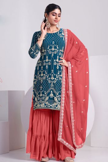 Teal Color Faux Georgette Fabric Embroidered Sharara Suit