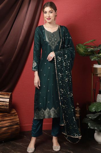 Teal Dola Silk Eid Wear Trouser Suit