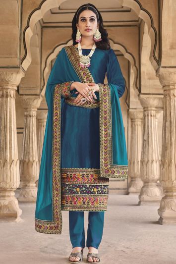 Teal Velvet Embroidered Salwar Suit