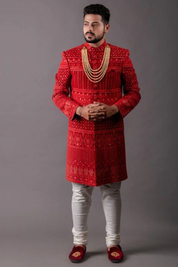 Textured Red Color Lucknowi Indo Western Set