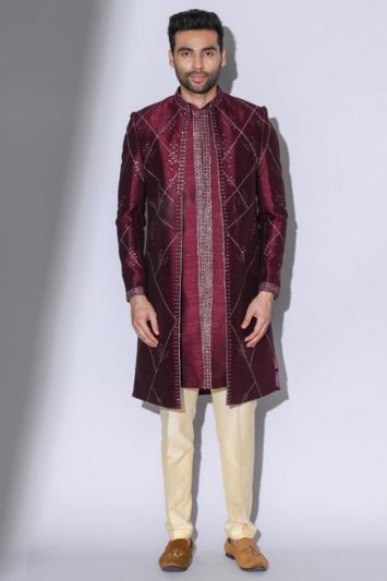Textured Wine Color Silk Fabric Indo Western Set