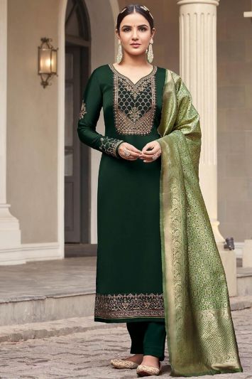 Thread Embroidered Green Satin Georgette Straight Suit