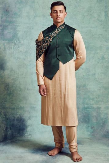 Traditional Cotton Fabric Kurta Pajama Set in Beige Color