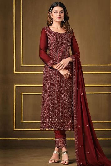 Traditional Maroon Color Georgette Fabric Straight Pant Suit