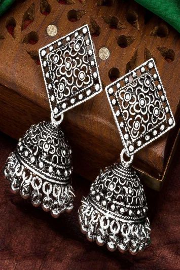 Traditional Silver Oxidized Earing Set For Wedding