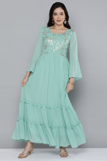 Turquoise Resham Embroidered Faux Georgette Gown
