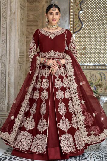 Velvet Fabric Bridal Wear Anarkali Suit in Maroon Color