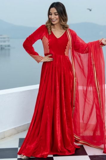 Velvet Fabric Long Anarkali Suit in Red Color