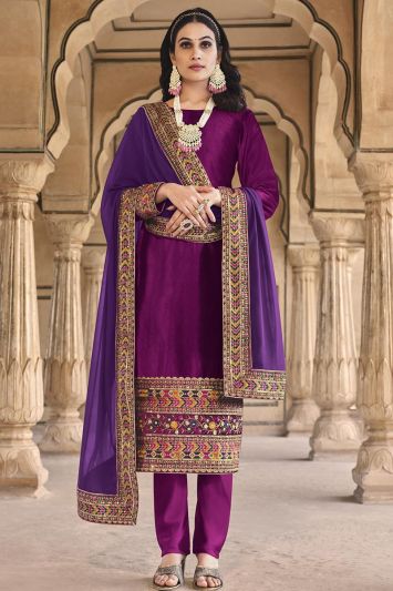 Velvet Festive Wear Salwar Suit in Purple Color