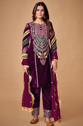Velvet Pakistani Trouser Suit in Wine Color