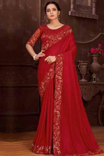 Wedding Wear Jacquard Fabric Saree in Red Color