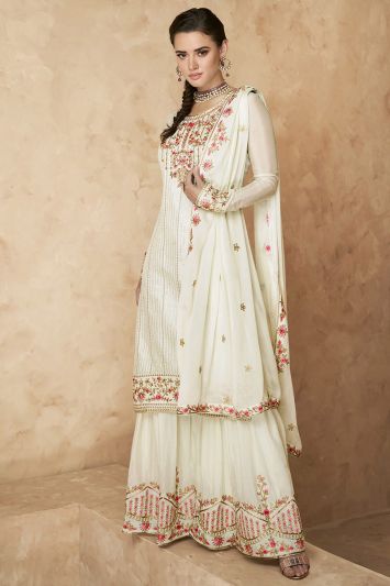 White Color Faux Georgette Fabric Palazzo Suit with Lace Border