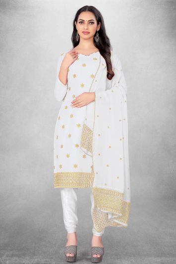 White Color Georgette Fabric Stylish Churidar Suit