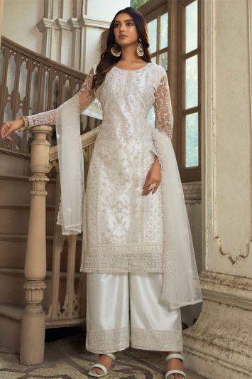 White Color Heavy Butterfly Net Fabric Designer Palazzo Suit