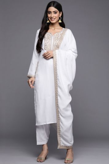 White Color Pashmina Embroidered Salwar Kameez