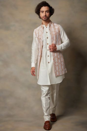 White Color Silk Fabric Kurta Pajama with Jacket