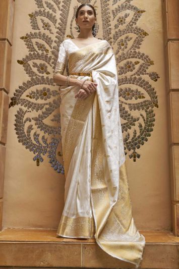 White Designer Classic Wear Kanjivaram Weaving Saree
