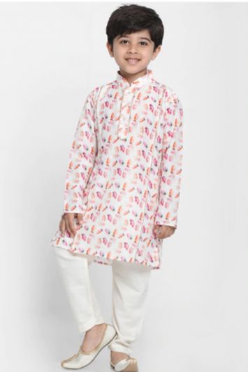 White Floral Printed Kurta with Pajama