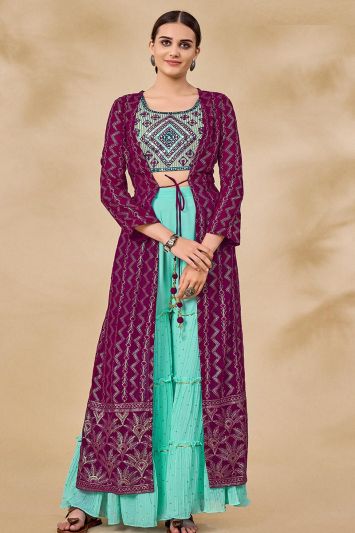 Wine Color Georgette Fabric Sharara Suit with Jacket