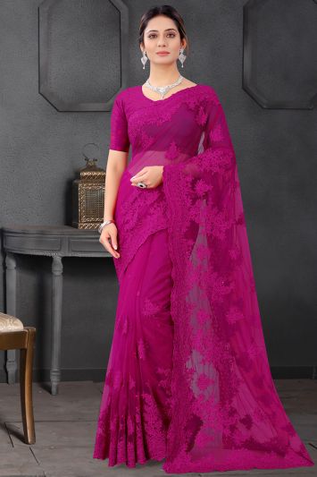 Wine Color Net Fabric Wedding Wear Saree