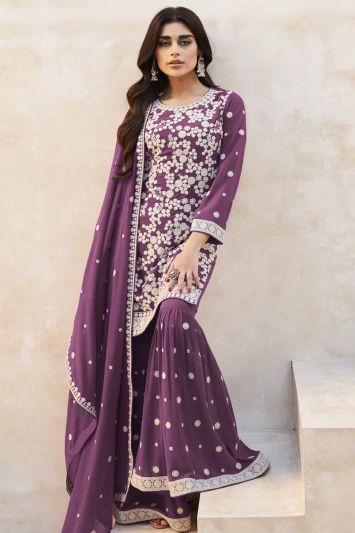 Wine Color Real Georgette Embroidered Sharara Suit