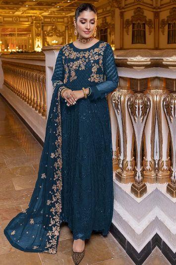 Women Aqua Blue Georgette Embroidered Gown